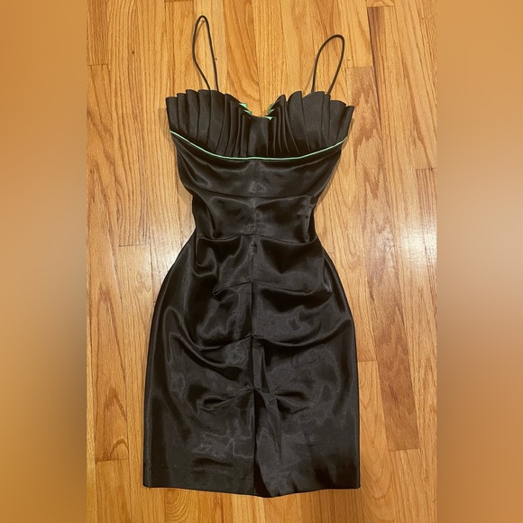 Y2k 90s Black & Lime Green Satin Ruched Sleeveless Mini Dress - Picture 13 of 16